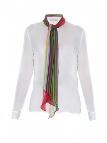 MARY KATRANTZOU Folia rainbow scarf silk-chiffon blouse. Designer fashion ~ luxury white blouses ~ pop of colour ~ shirts with scarves - flipped