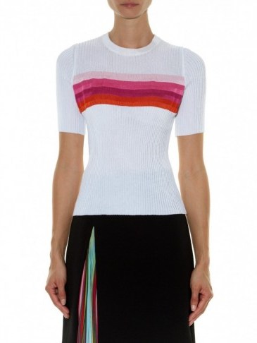 MARY KATRANTZOU Hele striped-intarsia sweater. Designer tops ~ ribbed knit sweaters ~ white & pink crew neck tops ~ pop of colour - flipped