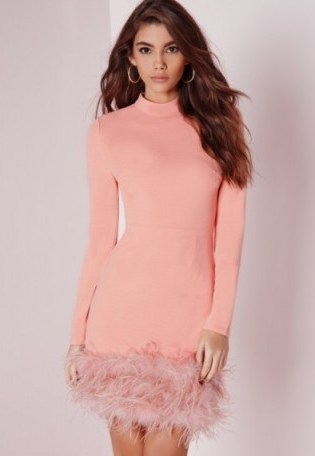 I love this chic little dress…Missguided high neck feather trim bodycon dress rose pink ~ affordable luxe ~ party dresses ~ feathers ~ evening fashion ~ going out - flipped