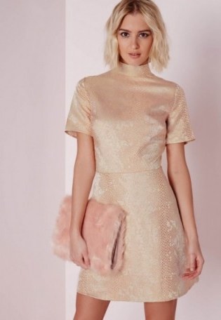 Missguided – high neck metallic skater dress gold. Short party dresses – luxe style fashion – going out – evening celebration - flipped