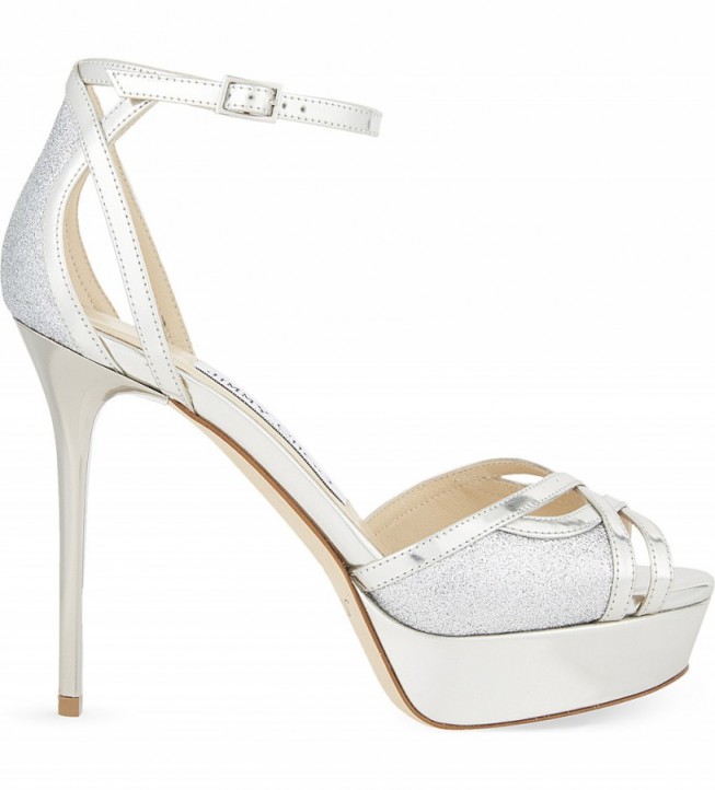 JIMMY CHOO Laurita 115 leather heeled sandals in silver – party shoes – ankle strap high heels – platforms