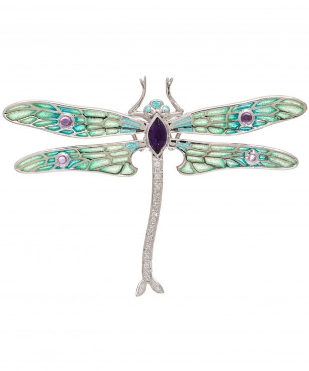 KOJIS – SILVER DIAMOND DRAGONFLY BROOCH. Enamel brooches – fine jewellery – diamonds – dragonflies - flipped