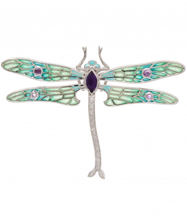 KOJIS – SILVER DIAMOND DRAGONFLY BROOCH. Enamel brooches – fine jewellery – diamonds – dragonflies