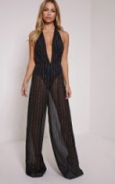 Pretty Little Thing – Mina Pinstripe sheer plunge halterneck jumpsuit. Plunging necklines | deep v neckline | low cut jumpsuits | party fashion | going out glamour