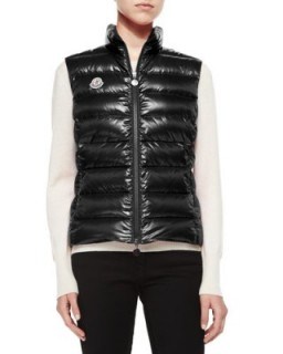 Moncler Ghany Zip Puffer Vest in black – as worn by Olivia Palermo out walking her dog in New York City, December 2015. Celebrity fashion | casual star style | shiny gilets | what celebrities wear | sleeveless jackets | designer body warmers - flipped