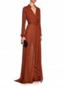 JUAN CARLOS OBANDO Moroccan V-neck silk-georgette gown. Luxe evening gowns ~ tobacco brown ~ semi sheer occasion dresses ~ designer fashion ~ luxury clothing ~ chic style
