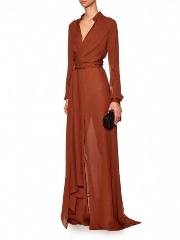 JUAN CARLOS OBANDO Moroccan V-neck silk-georgette gown. Luxe evening gowns ~ tobacco brown ~ semi sheer occasion dresses ~ designer fashion ~ luxury clothing ~ chic style - flipped
