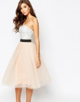 Rare London Lace Prom Midi Dress With Tulle Skirt nude pink ~ semi sheer full skirts ~ party fashion ~ occasion wear