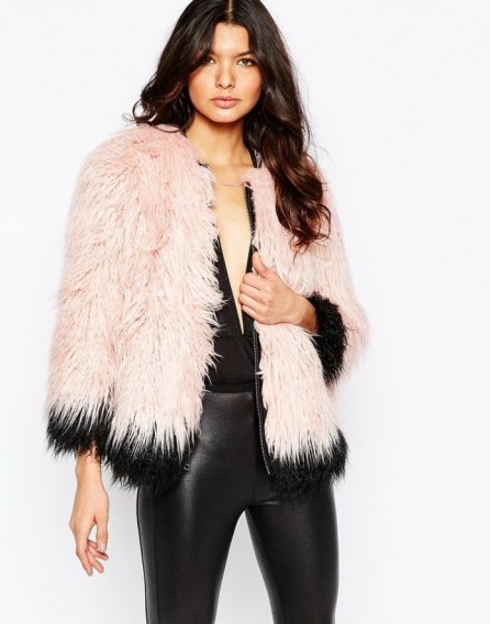 River Island Premium Mongolian Pink Faux Fur Coat – shaggy jackets – winter coats – fluffy style - flipped