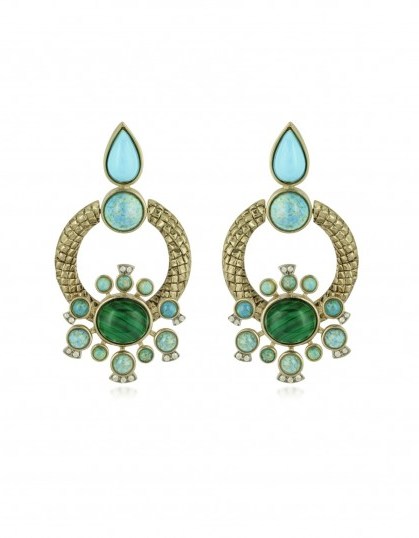 ROBERTO CAVALLI Bohemian Gold and Turquoise Earrings ~ green and blue stones ~ statement Jewellery ~ large drop earrings ~ designer jewelry - flipped