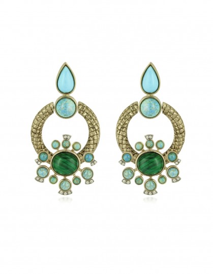 ROBERTO CAVALLI Bohemian Gold and Turquoise Earrings ~ green and blue stones ~ statement Jewellery ~ large drop earrings ~ designer jewelry