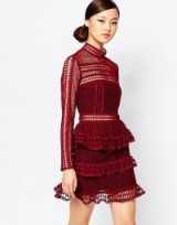 Self Portrait High Neck Lace Pannel Dress in dark maroon – as worn by Caroline Flack while co-hosting X Factor with Olly Murs. Celebrity fashion | what celebrities wear | party dresses | occasion wear