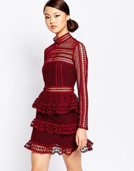 Self Portrait High Neck Lace Pannel Dress in dark maroon – as worn by Caroline Flack while co-hosting X Factor with Olly Murs. Celebrity fashion | what celebrities wear | party dresses | occasion wear - flipped