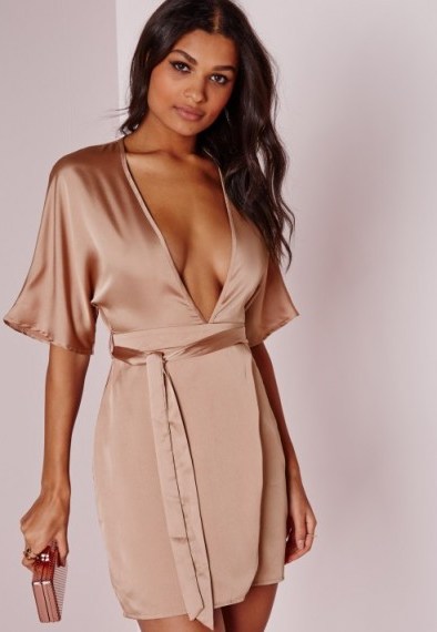 Missguided – silky kimono wrap dress dusky pink. Party dresses – evening glamour – going out – plunge necklines - flipped