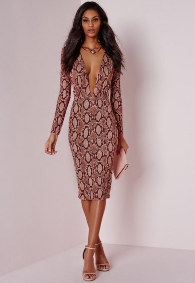 Missguided slinky snake plunge midi dress pink. Plunge necklines | printed party dresses | evening glamour | going out fashion | plunging neckline | deep V - flipped