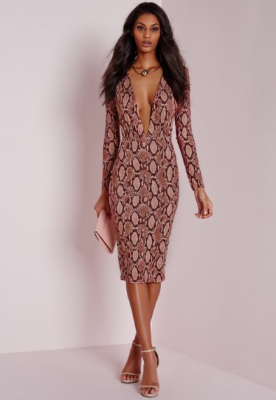 Missguided slinky snake plunge midi dress pink. Plunge necklines | printed party dresses | evening glamour | going out fashion | plunging neckline | deep V