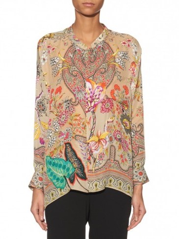 Luxe printed blouse – ETRO Stand-collar paisley botanical-print blouse. Luxury blouses ~ rich floral prints ~ designer fashion - flipped