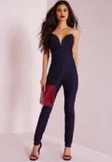 Missguided – sweetheart neckline bandeau jumpsuit in navy. Plunging jumpsuits | plunge front party wear | low cut neckline | deep V