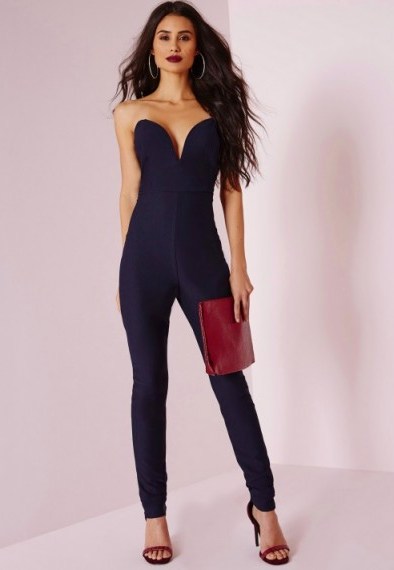 Missguided – sweetheart neckline bandeau jumpsuit in navy. Plunging jumpsuits | plunge front party wear | low cut neckline | deep V - flipped