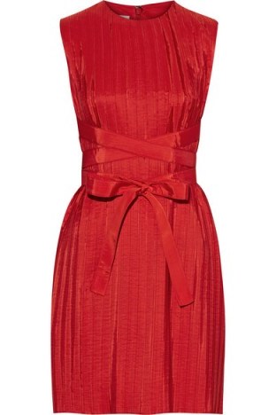 VICTORIA, VICTORIA BECKHAM – Belted pleated taffeta dress in red – as worn by Kylie Minogue with a red Dolce & Gabbana coat, on a trip to Paris, 3 December 2015. Celebrity fashion | star style | designer dresses | what celebrities wear - flipped