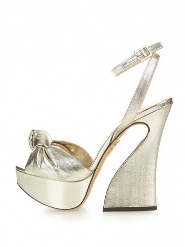 Luxe high heels – CHARLOTTE OLYMPIA Vreeland lamé knotted sandals. Designer shoes ~ silver platforms ~ metallic ankle strap sandal ~ luxury style - flipped