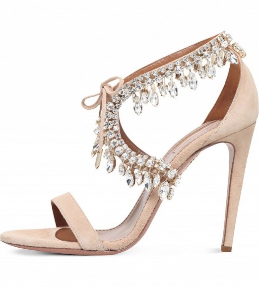 AQUAZZURA Milla jewel 105 suede heeled sandals nude – designer shoes – embellished high heels – jewelled sandal - flipped