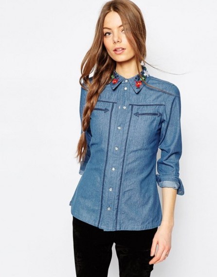 ASOS Denim Fitted Americana Shirt With Embroidered Collar. Shirts | casual fashion - flipped