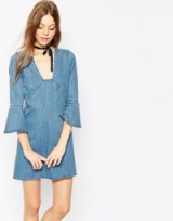 ASOS Denim Mini Shift Dress with Frill Sleeves in Lightwash Blue. Bell sleeved mini dresses | casual day fashion | 70s style