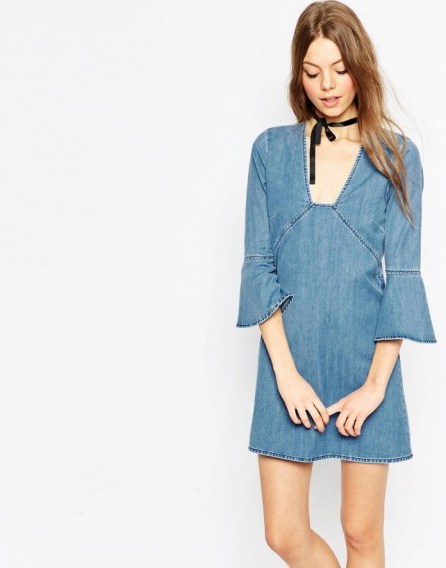 ASOS Denim Mini Shift Dress with Frill Sleeves in Lightwash Blue. Bell sleeved mini dresses | casual day fashion | 70s style - flipped
