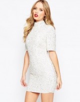 ASOS Premium Pearl Scatter Mini Bodycon Dress white. Embellished party dresses – high neckline – going out glamour – evening fashion