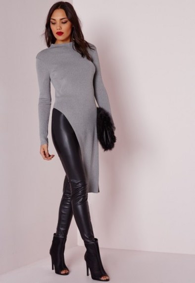 Love this look!…Missguided asymmetric long sleeve top grey. Winter style – longline tops – knitted fashion – stylish knitwear - flipped