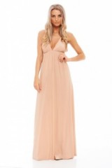 AX Paris slinky plunge maxi dress in nude. Long party dresses | plunging necklines | low cut evening wear | deep V necklines