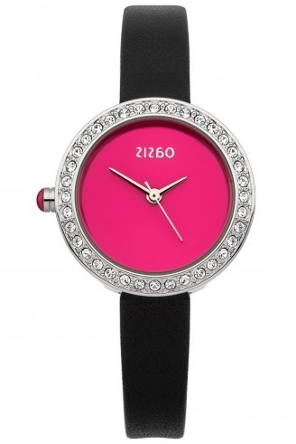 OASIS Black Leather Strap Watch with hot pink face ~ ladies watches ~ womens accessories ~ girly ~ feminine style ~ stone embellished - flipped