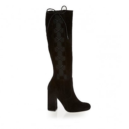River Island Black leather knee high lace up boots. Block heel boots – winter fashion – high heels – chunky heeled - flipped