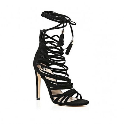 River Island Black strappy tassel heeled sandals. High heels – party shoes – ankle ties - flipped