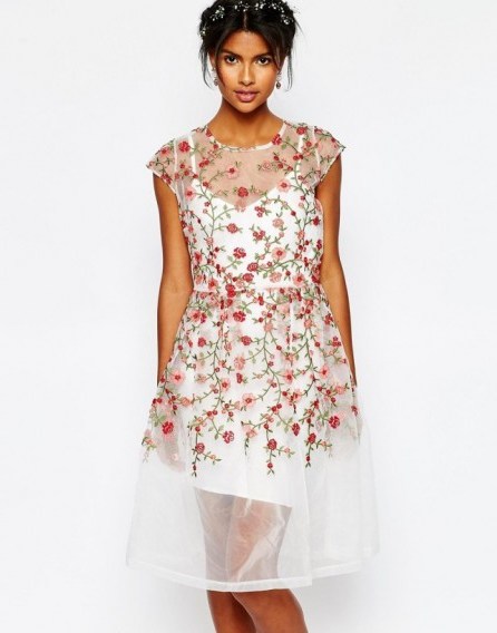 Body Frock Wedding Embroidered Rose Dress in white & pink – occasion dresses – short bridal fashion – floral embroidery – sheer overlay - flipped