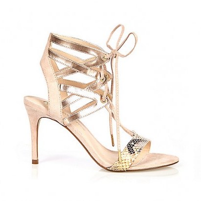 River Island Bright gold lace-up heels. Party shoes – metallic high heels – cut out sandals – occasion footwear - flipped