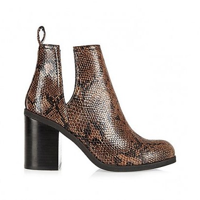 River Island Brown snake print cut-out ankle boots. Animal prints – block heel – high heeled boots - flipped