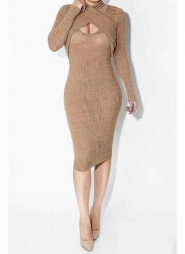 JLuxLabel Camel Ribbed “All Wrapped Up in My Sweater” Dress. Knitwear | knitted dresses | midi length | winter fashion - flipped