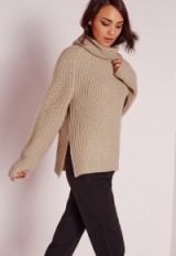 MISSGUIDED chunky roll neck jumper nude. Knitwear | high neck jumpers | knitted sweaters | winter fashion | side slits | slouchy