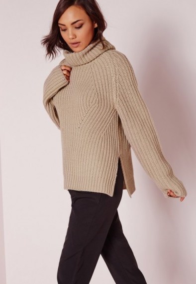 MISSGUIDED chunky roll neck jumper nude. Knitwear | high neck jumpers | knitted sweaters | winter fashion | side slits | slouchy - flipped