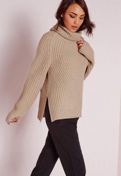 MISSGUIDED chunky roll neck jumper nude. Knitwear | high neck jumpers | knitted sweaters | winter fashion | side slits | slouchy