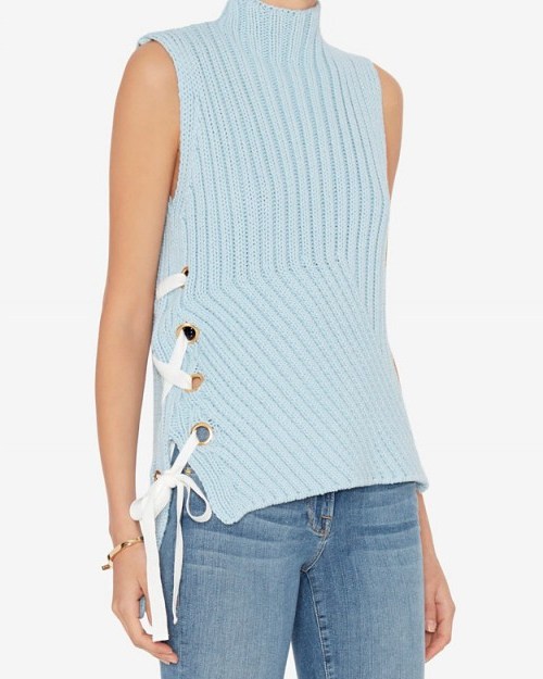 DEREK LAM 10 CROSBY GROMMET LACE-UP SIDE SLEEVELESS SWEATER in blue. Designer knitwear | high neck sweaters | ribbed jumpers | knitted tops - flipped