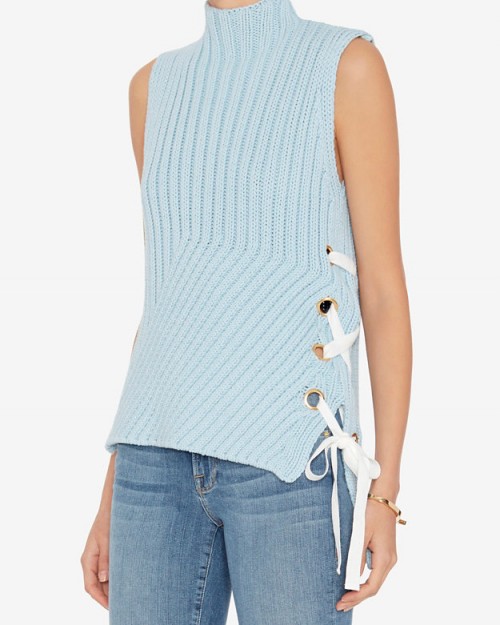 DEREK LAM 10 CROSBY GROMMET LACE-UP SIDE SLEEVELESS SWEATER in blue. Designer knitwear | high neck sweaters | ribbed jumpers | knitted tops