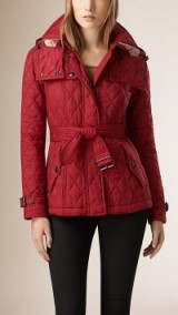 Diamond quilted jacket with detachable hood in dark crimson ~ red Burberry jackets ~ designer outerwear ~ casual chic ~ belted style ~ winter fashion