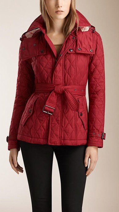 Diamond quilted jacket with detachable hood in dark crimson ~ red Burberry jackets ~ designer outerwear ~ casual chic ~ belted style ~ winter fashion - flipped