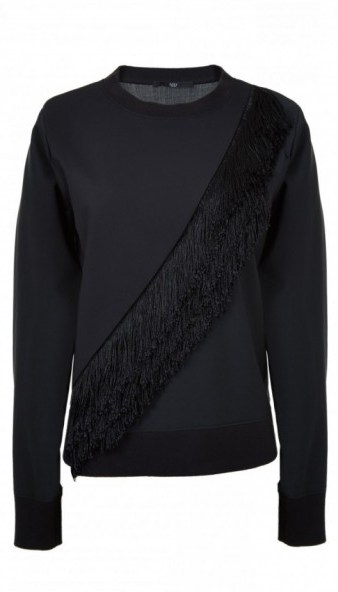 Tibi FRINGE RIBBED EASY TOP in black – as worn by Olivia Palermo at the Stylebop and Next Paris Party in Paris, France, 24 January 2016. Celebrity fashion | star style | Paris Fashion Week | what celebrities wear | fringed tops - flipped