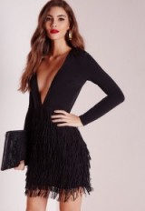 Missguided fringed skirt plunge bodycon dress black. Plunging necklines | low cut party dresses | going out glamour | deep V neckline