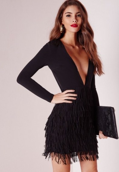 Missguided fringed skirt plunge bodycon dress black. Plunging necklines | low cut party dresses | going out glamour | deep V neckline - flipped