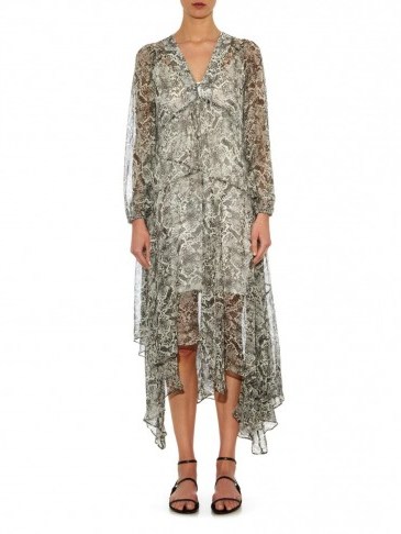 ZIMMERMANN Gemma python-print silk-chiffon dress – as worn by Olivia Palermo on holiday in St. Barts, January 2016. Celebrity fashion | star style | what celebrities wear on vacation | sheer asymmetric dresses - flipped